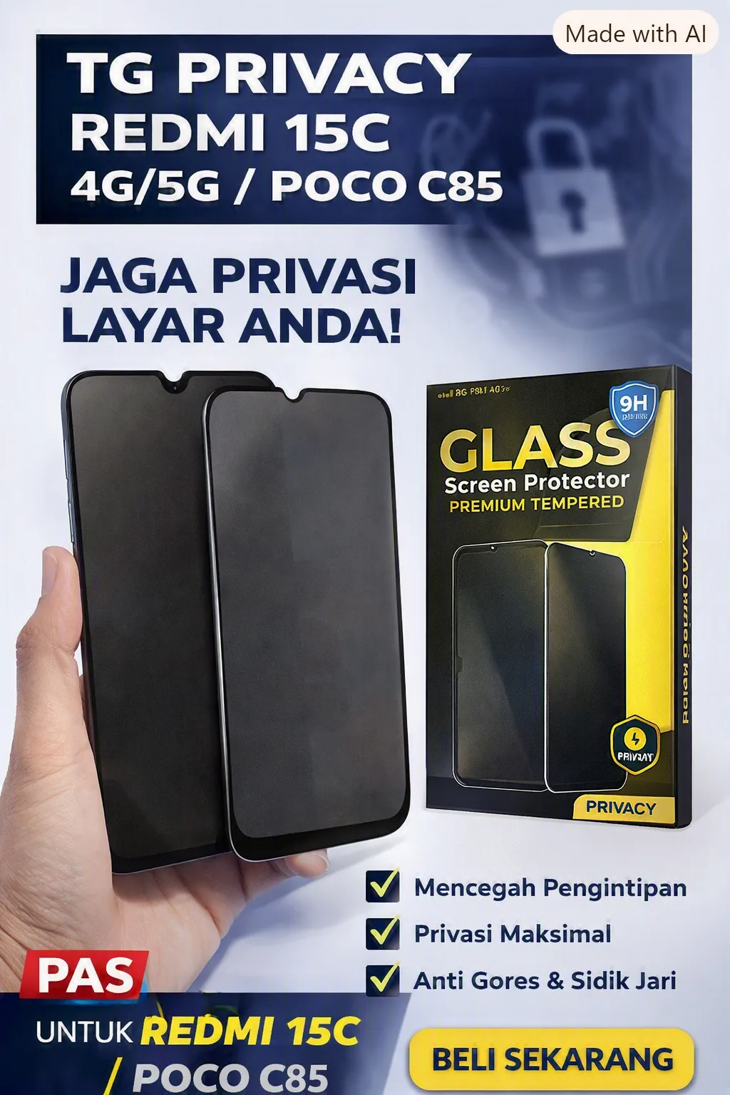 Foto produk TemperedGlass Privacy REDMI 15C 4G/5GD/POCO C85